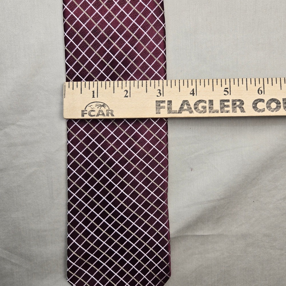 Michael Michael Kors Mens Silk Necktie Burgundy White Gold Grid Pattern 57x3.25 - Picture 7 of 9